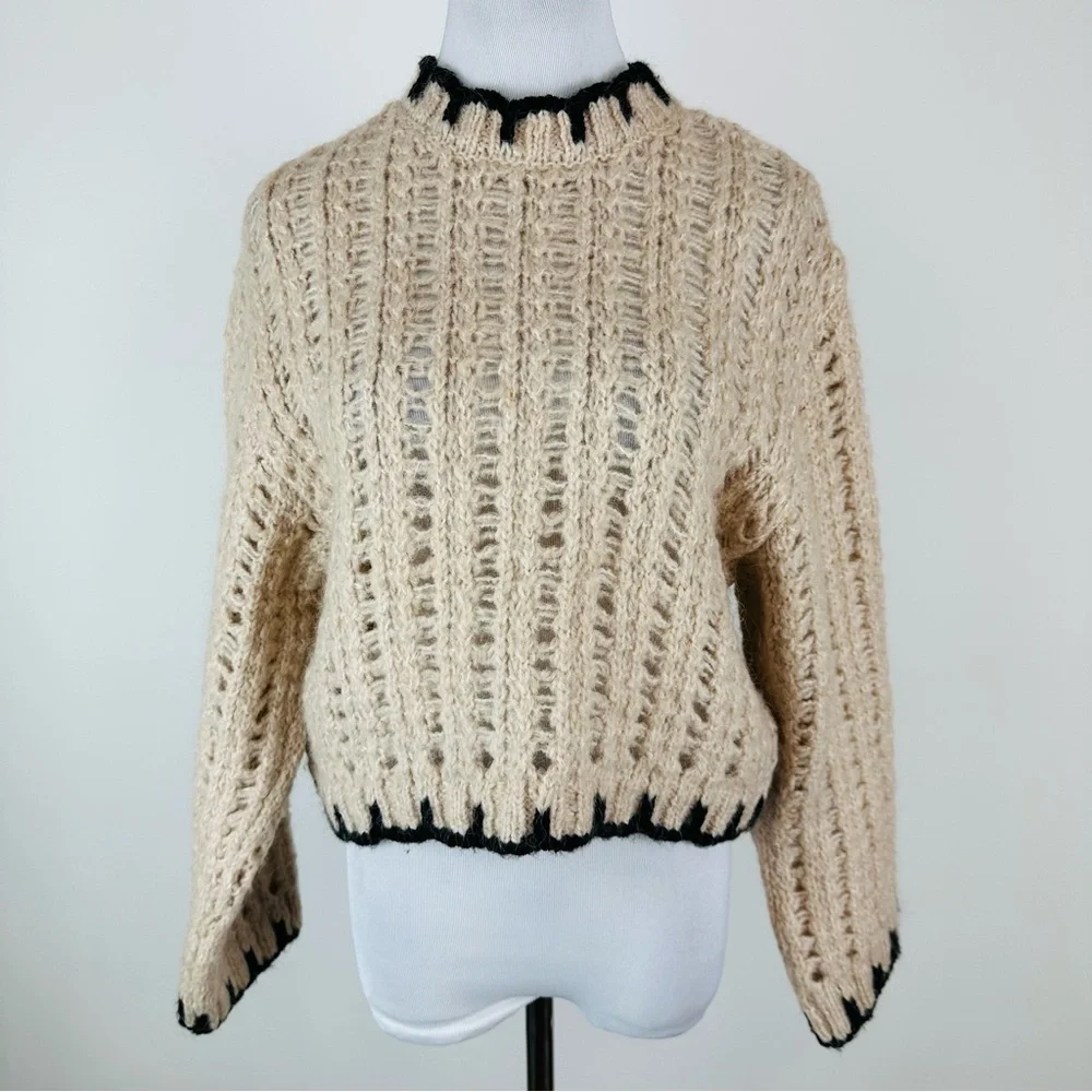 MANGO Contrast Trim Wool Blend Sweater Size Small - Picture 3 of 9